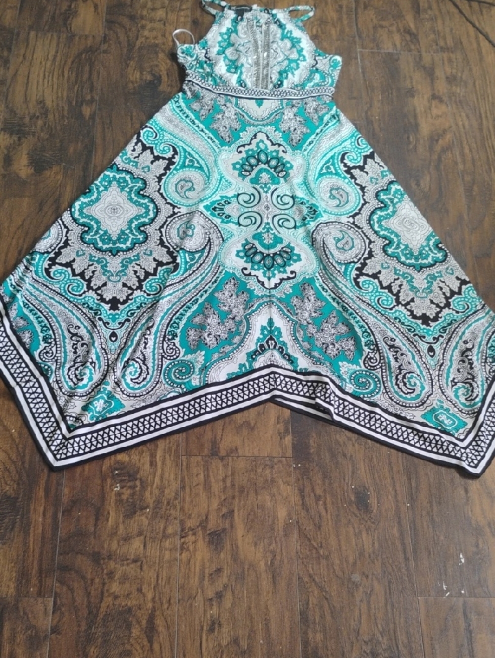 INC International Concepts Teal and White Paisley Asymmetrical Hem Skirt